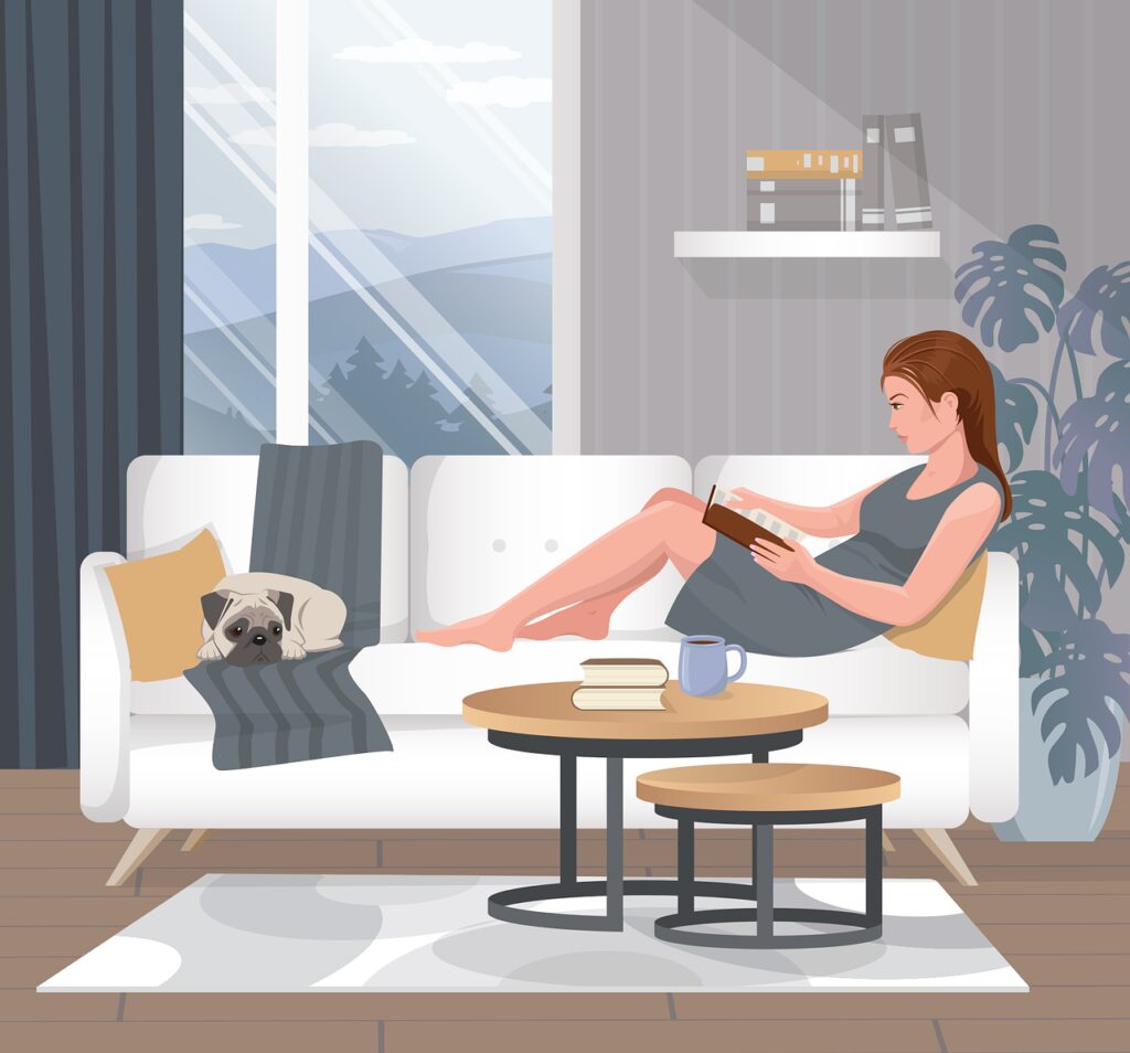 woman, reading, living room